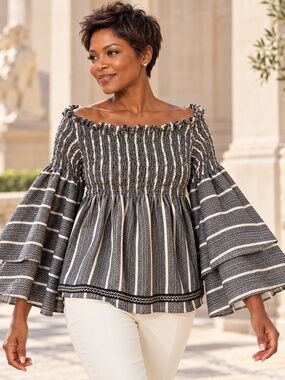 Caroline Constas Striped Smocked Bell Sleeve Blouse Black White Large